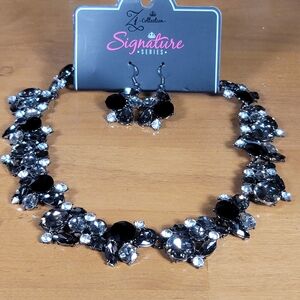 Vintage Black, Silver, and White Rhinestone Necklace Set